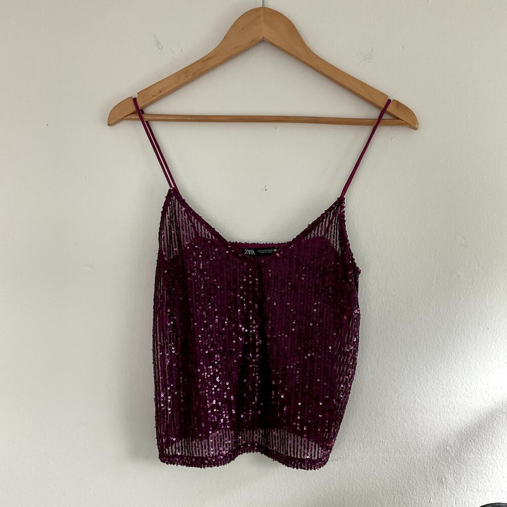 Zara Sequin Cami Top Women's XS Burgundy Sleeveless Sparkly Party Tank